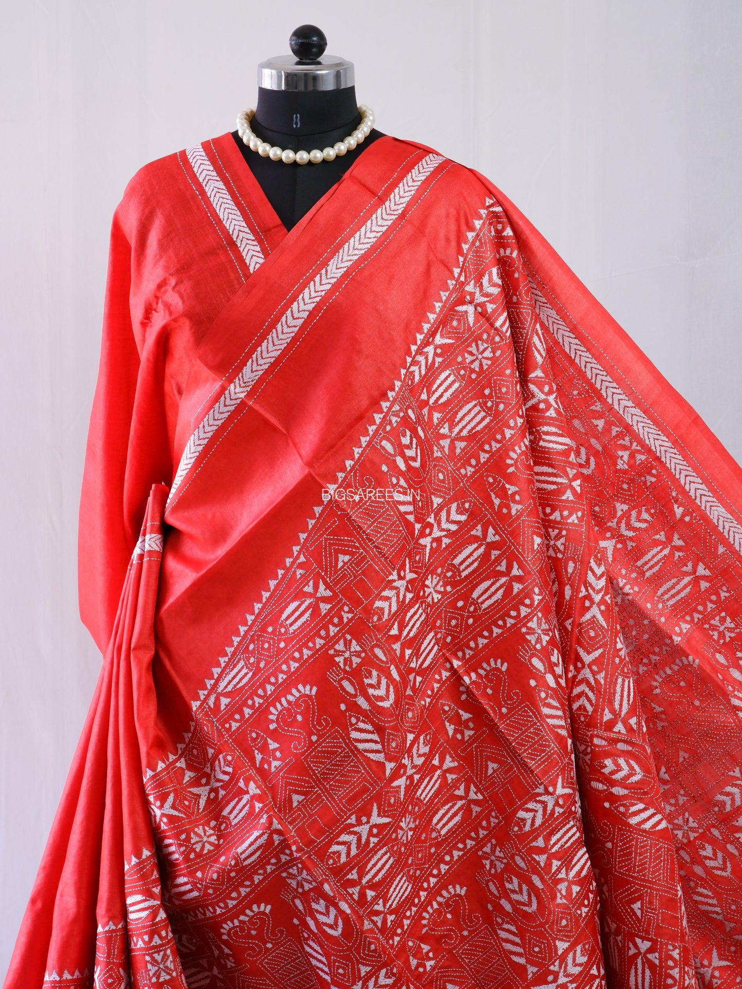 Kantha Stitch Hand Embroidered Saree | Pure Tussar Silk | Silk Mark Certified | Red