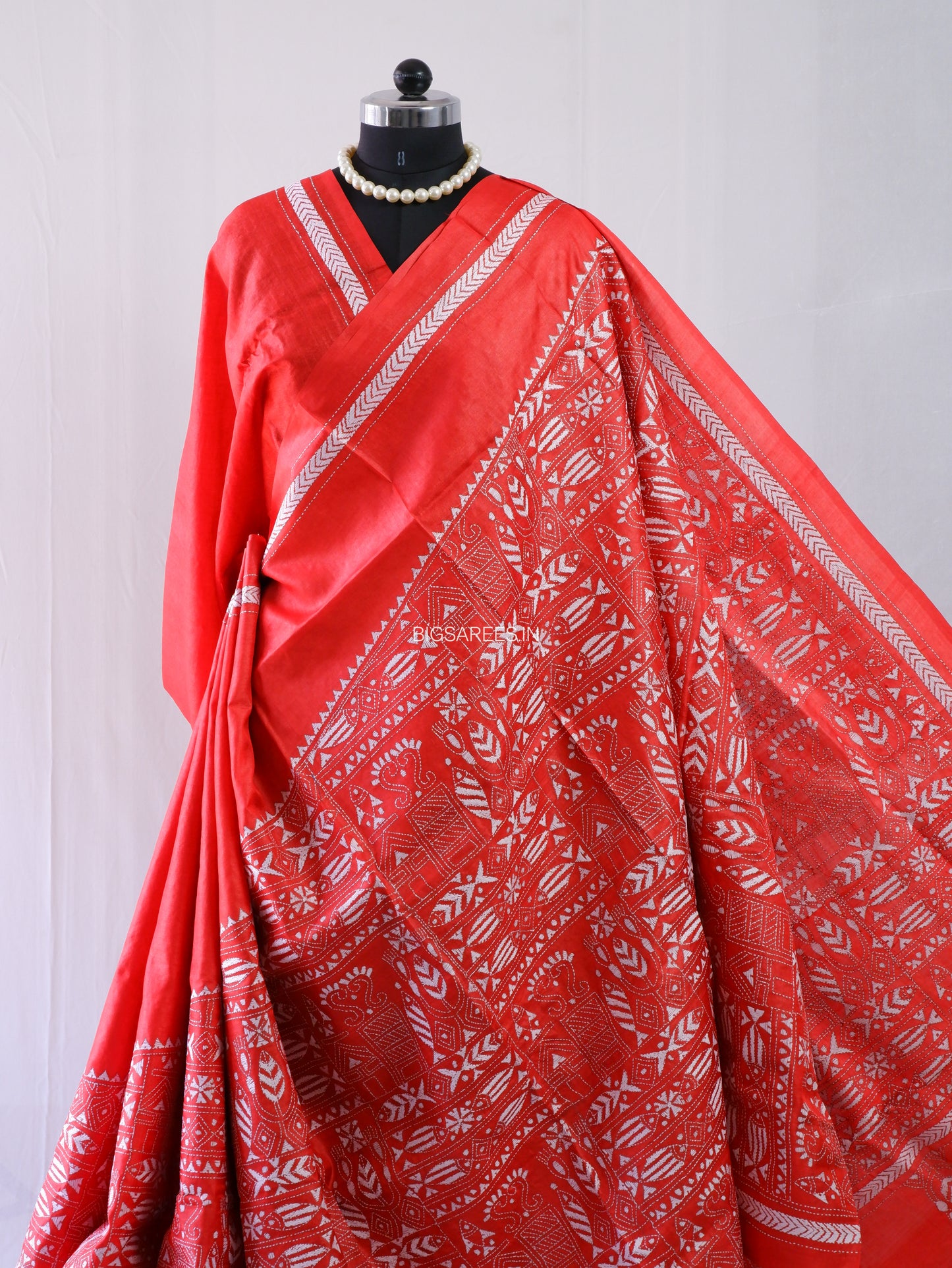Kantha Stitch Hand Embroidered Saree | Pure Tussar Silk | Silk Mark Certified | Red
