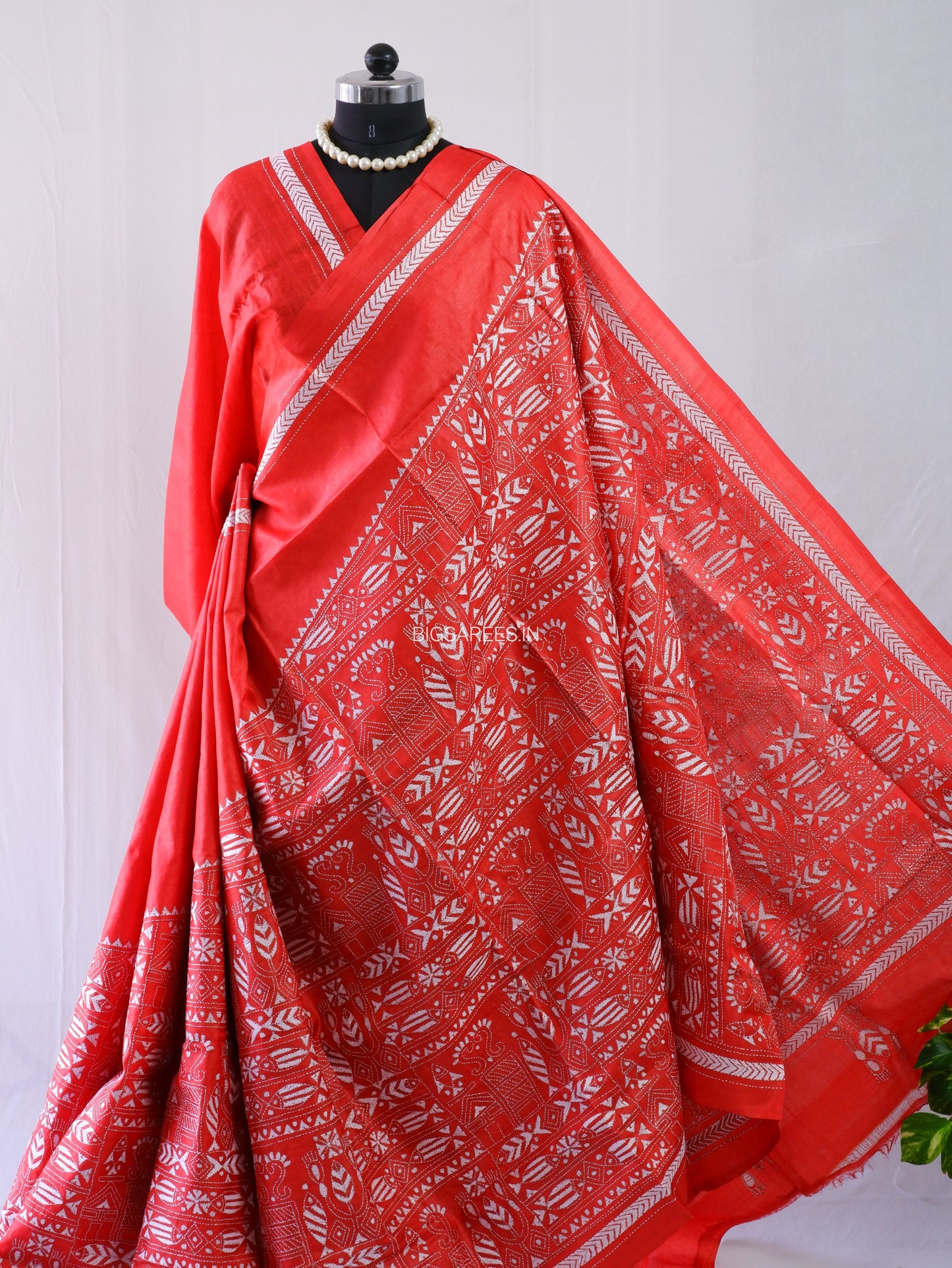 Kantha Stitch Hand Embroidered Saree | Pure Tussar Silk | Silk Mark Certified | Red