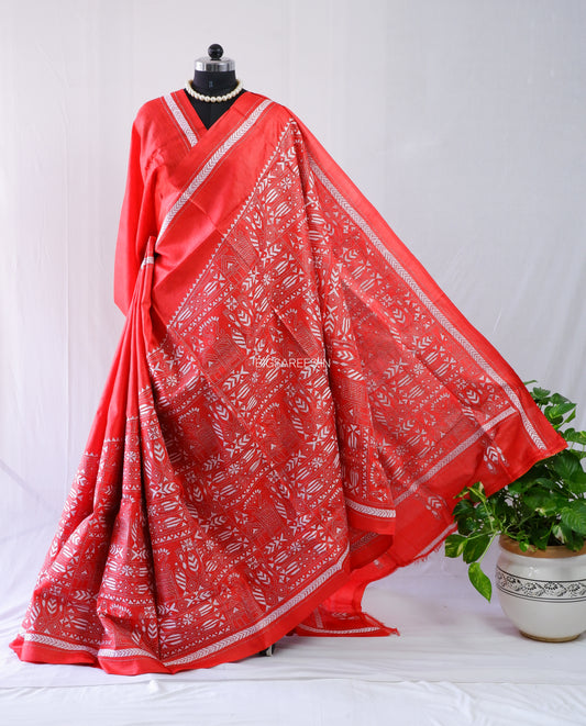Kantha Stitch Hand Embroidered Saree | Pure Gachi Tussar Silk | Silk Mark Certified | Red