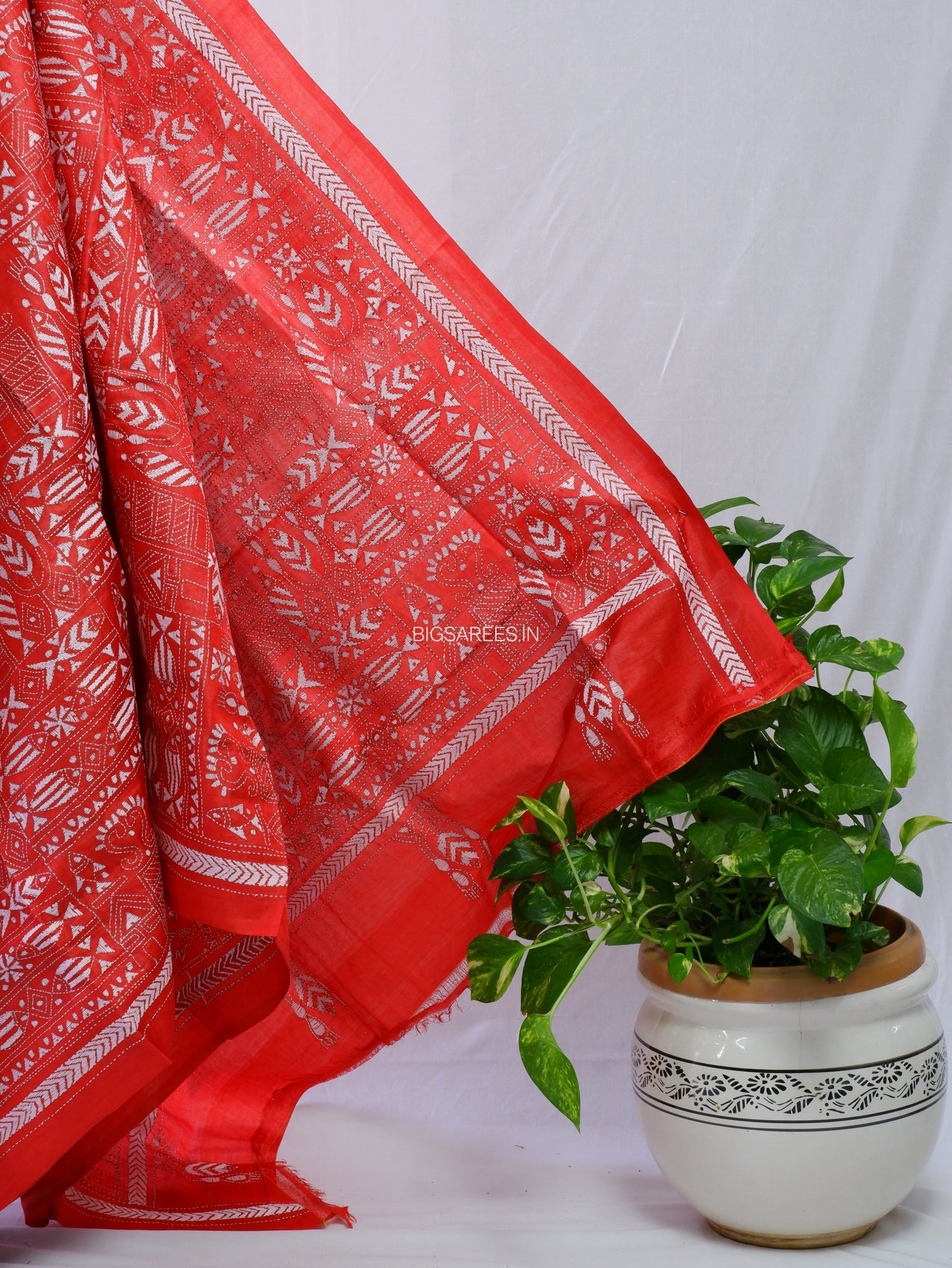 Kantha Stitch Hand Embroidered Saree | Pure Tussar Silk | Silk Mark Certified | Red