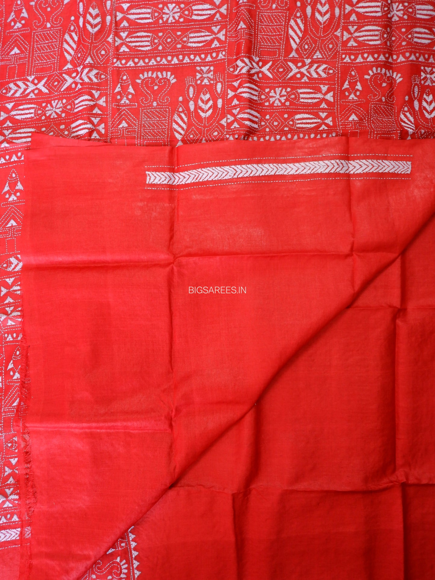 Kantha Stitch Hand Embroidered Saree | Pure Tussar Silk | Silk Mark Certified | Red