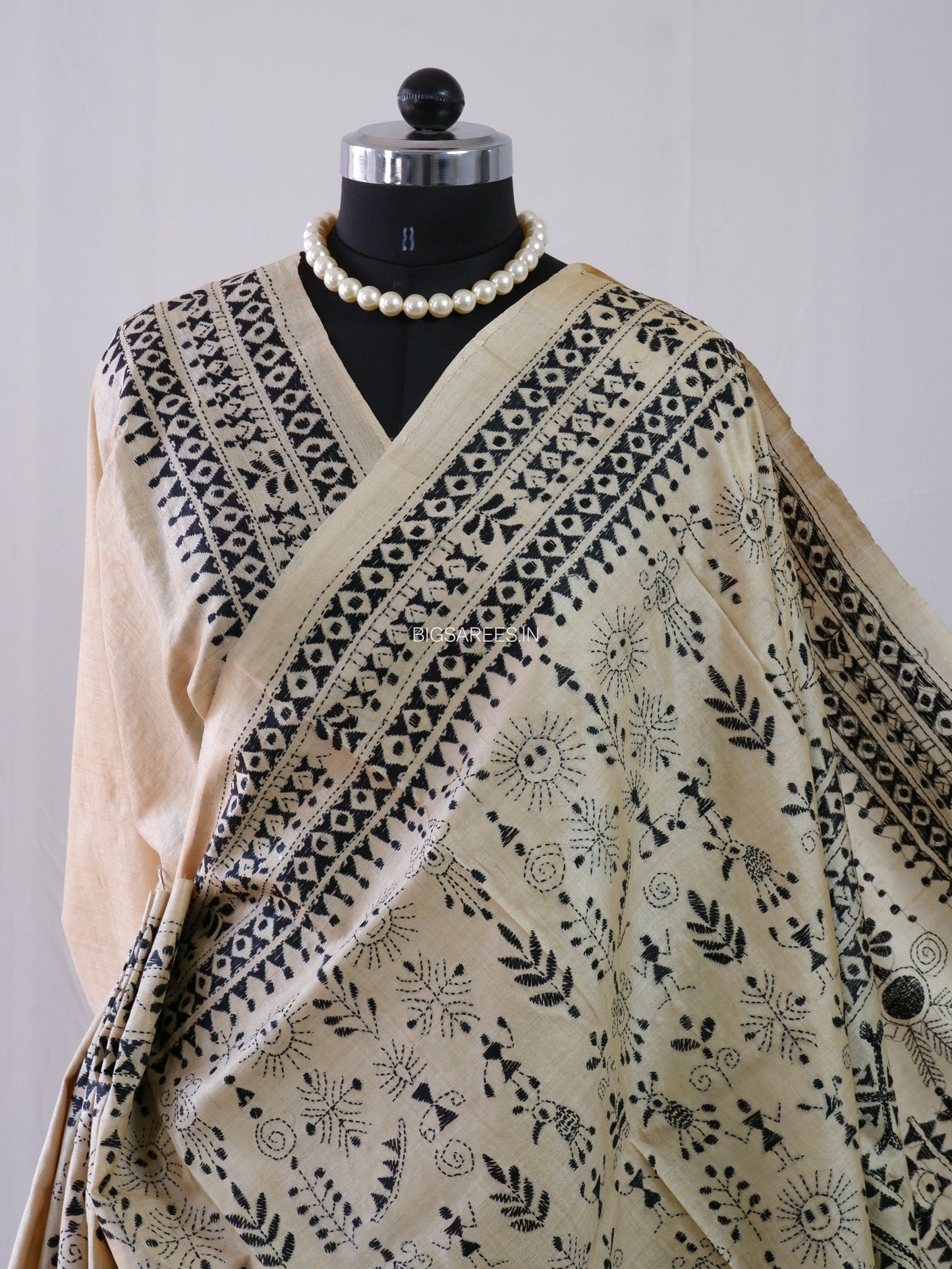 Kantha Stitch Hand Embroidered Saree | Pure Tussar Silk | Silk Mark Certified | Beige
