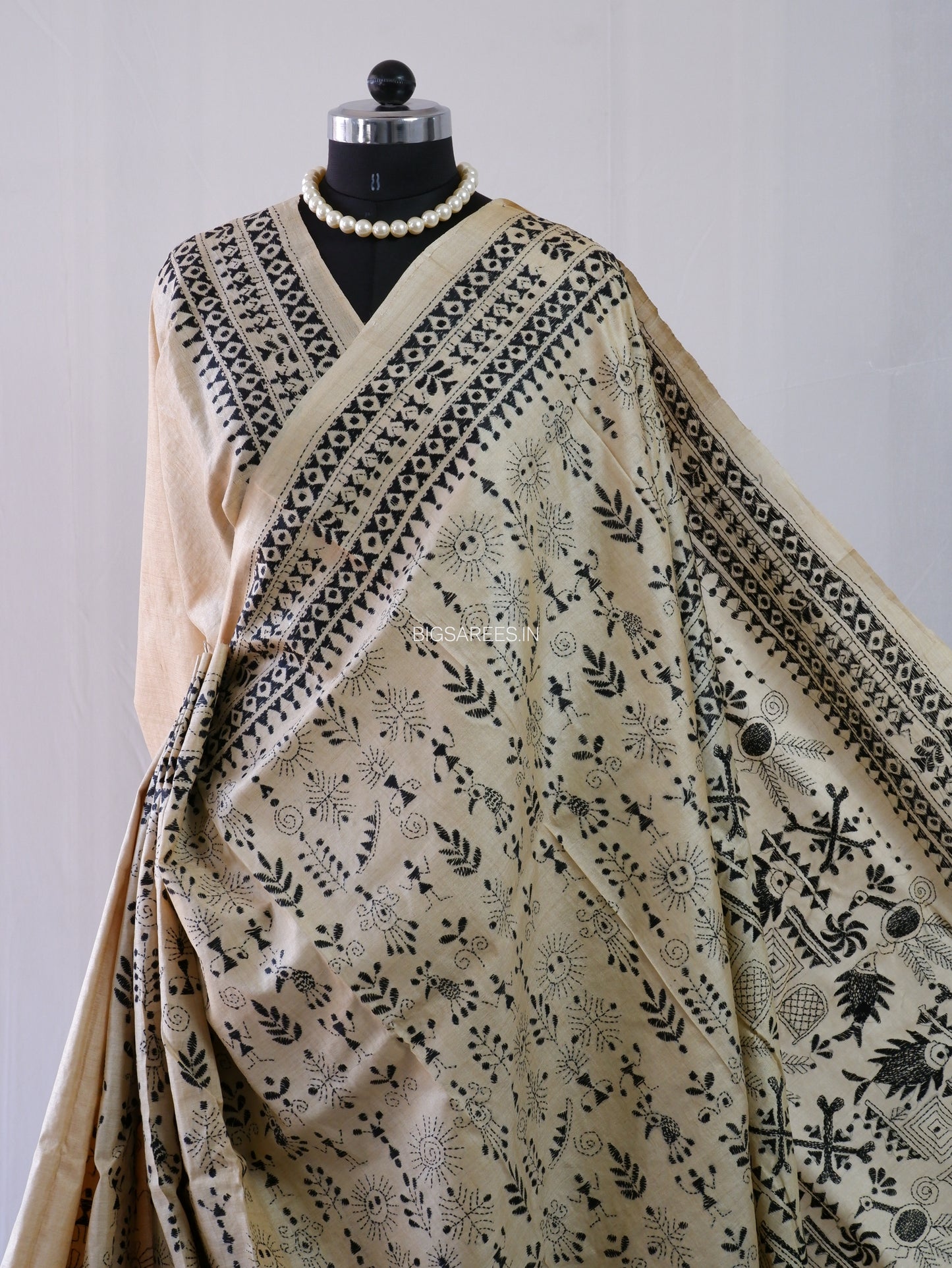 Kantha Stitch Hand Embroidered Saree | Pure Tussar Silk | Silk Mark Certified | Beige