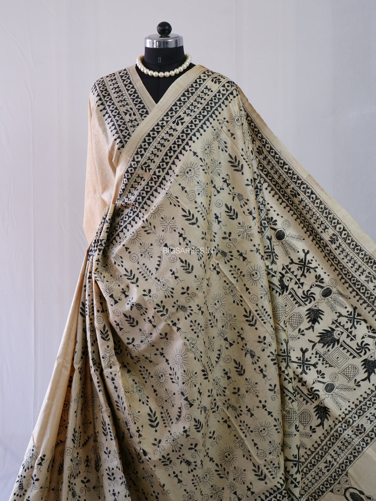 Kantha Stitch Hand Embroidered Saree | Pure Tussar Silk | Silk Mark Certified | Beige