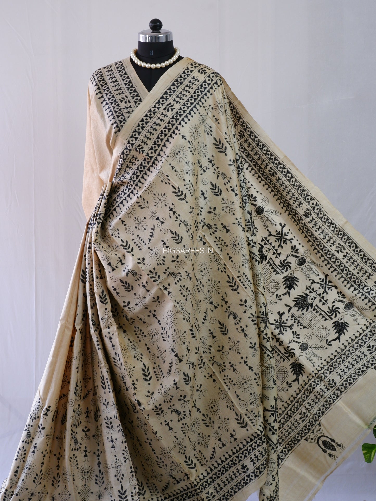 Kantha Stitch Hand Embroidered Saree | Pure Tussar Silk | Silk Mark Certified | Beige