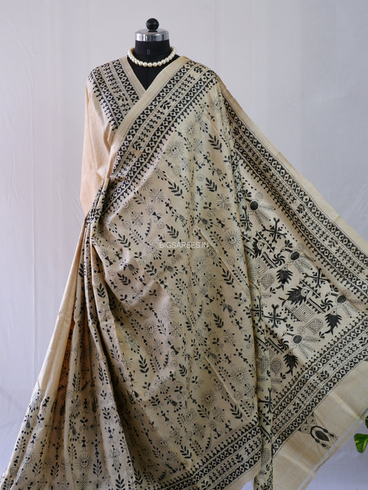 Kantha Stitch Hand Embroidered Saree | Pure Tussar Silk | Silk Mark Certified | Beige