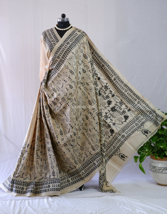 Kantha Stitch Hand Embroidered Saree | Pure Gachi Tussar Silk | Silk Mark Certified | Beige