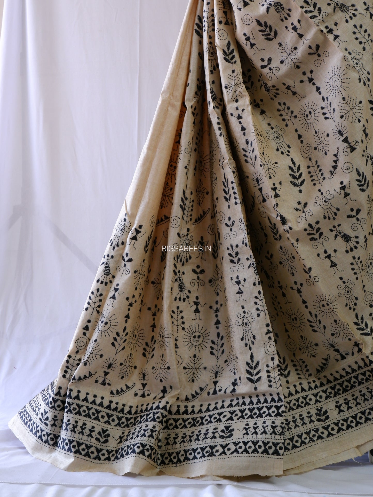 Kantha Stitch Hand Embroidered Saree | Pure Tussar Silk | Silk Mark Certified | Beige