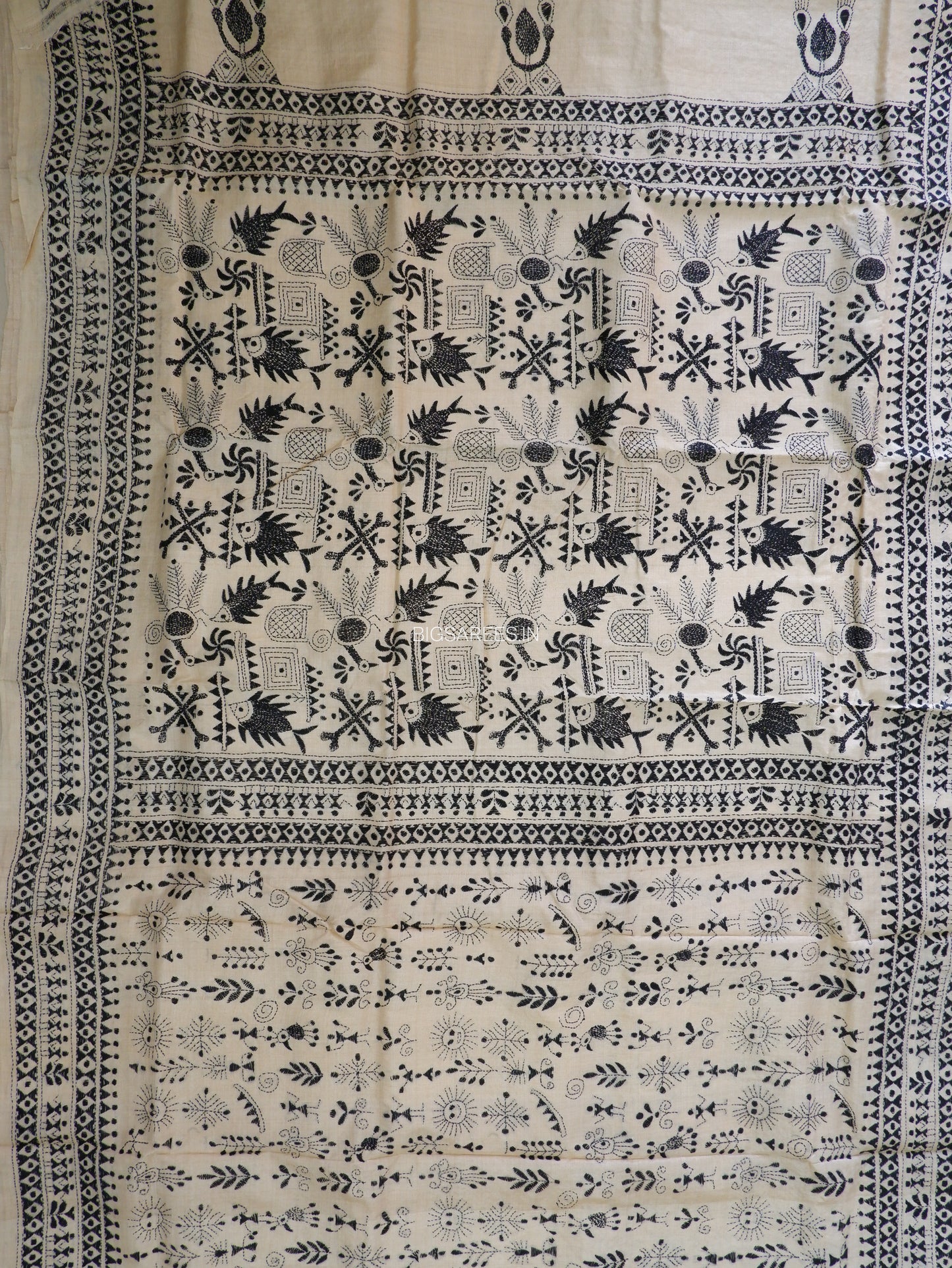 Kantha Stitch Hand Embroidered Saree | Pure Tussar Silk | Silk Mark Certified | Beige