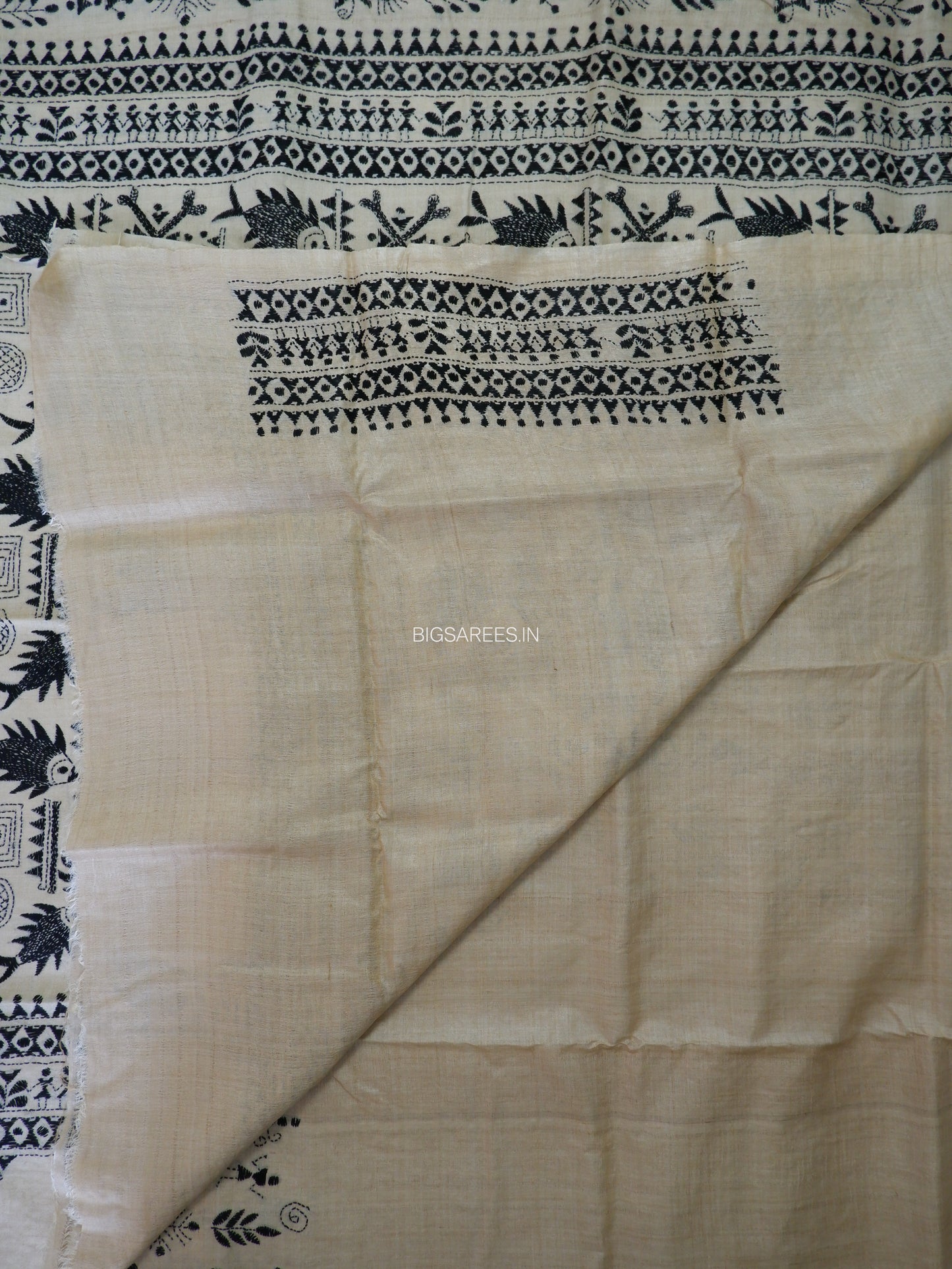 Kantha Stitch Hand Embroidered Saree | Pure Tussar Silk | Silk Mark Certified | Beige