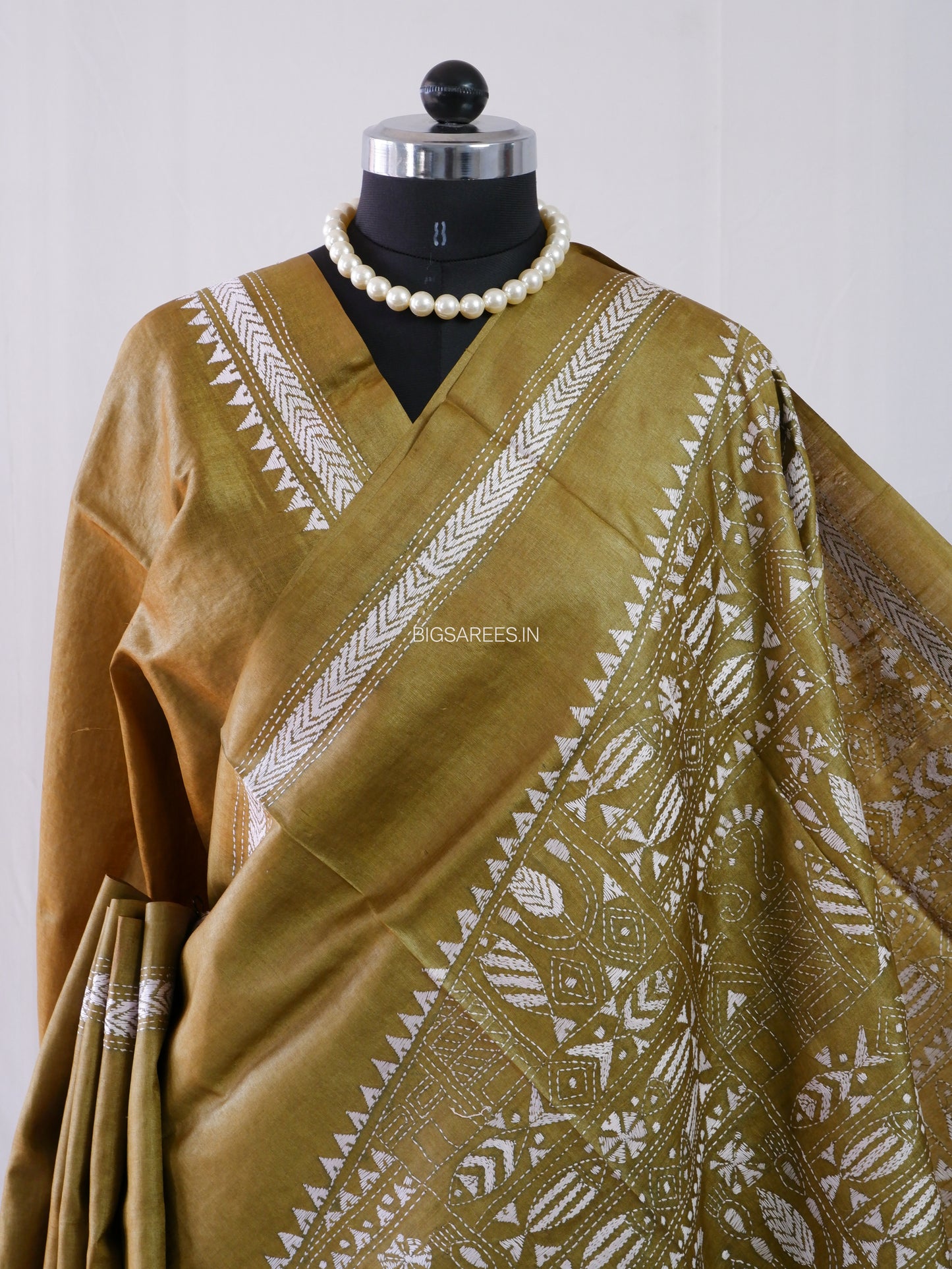 Kantha Stitch Hand Embroidered Saree | Pure Tussar Silk | Silk Mark Certified | Olive Green