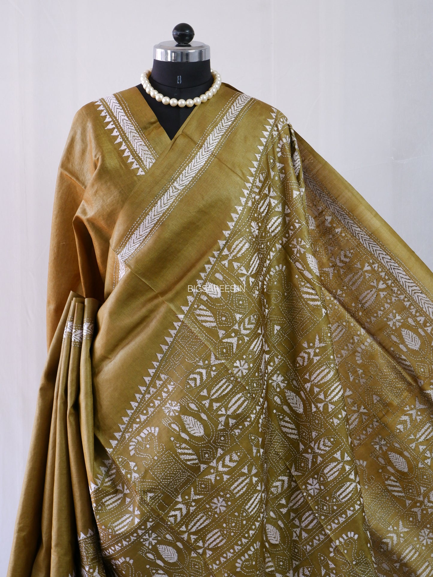 Kantha Stitch Hand Embroidered Saree | Pure Tussar Silk | Silk Mark Certified | Olive Green