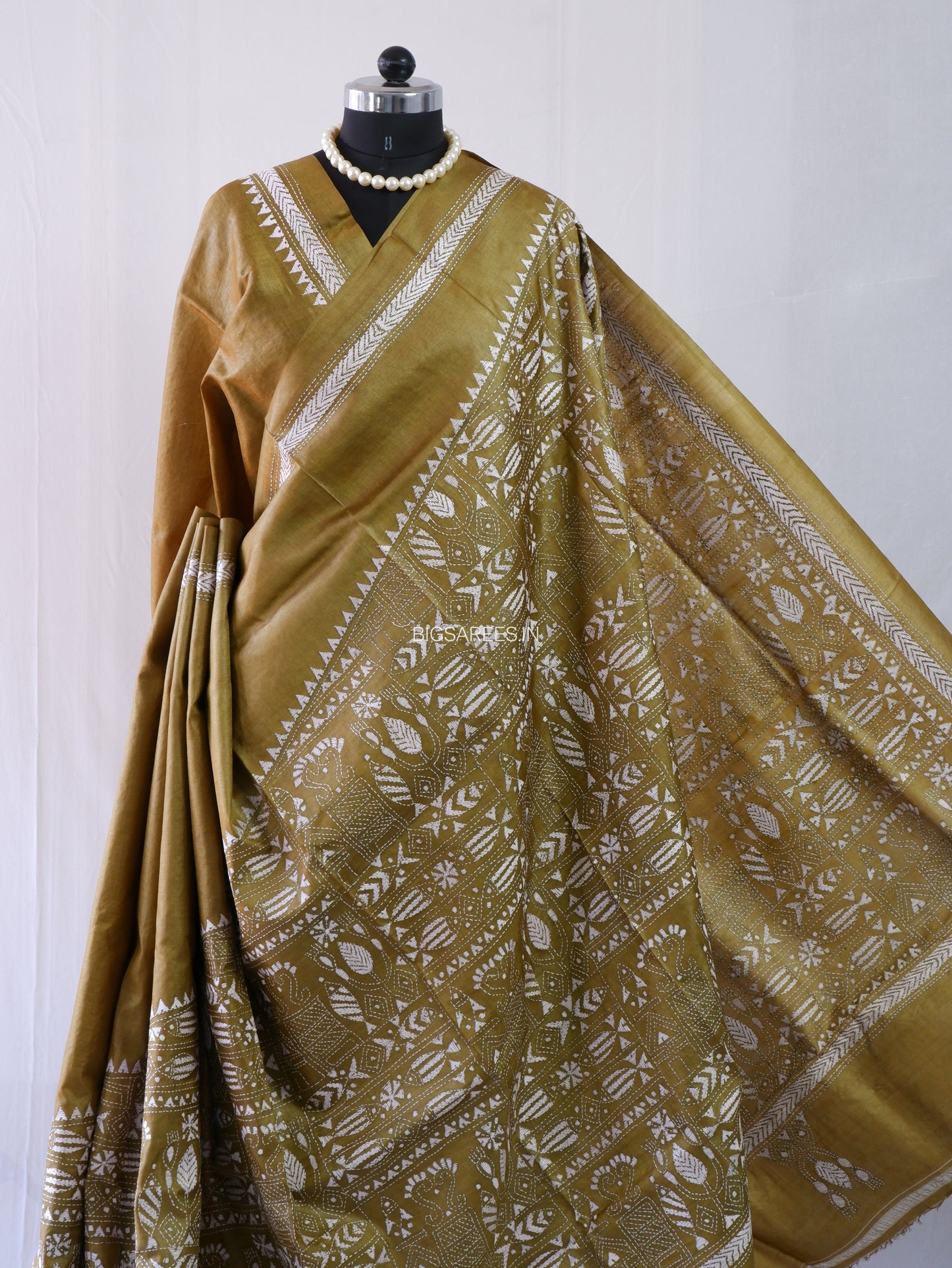 Kantha Stitch Hand Embroidered Saree | Pure Tussar Silk | Silk Mark Certified | Olive Green