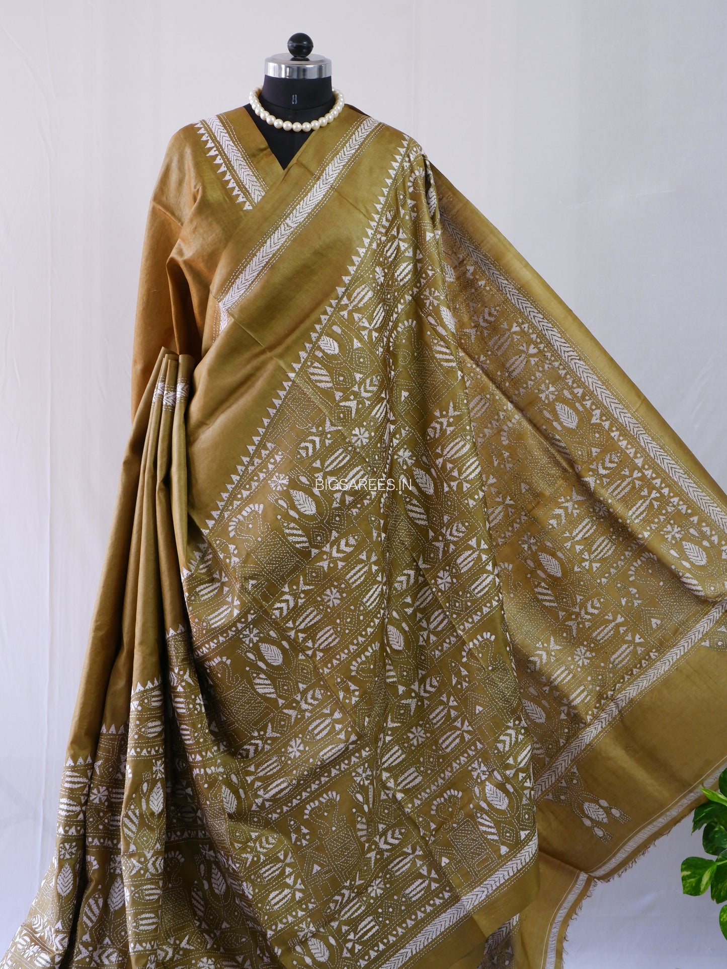 Kantha Stitch Hand Embroidered Saree | Pure Tussar Silk | Silk Mark Certified | Olive Green