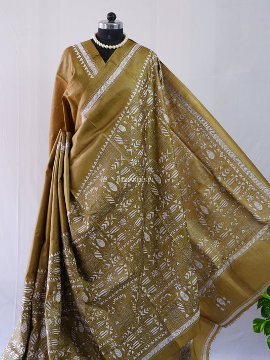 Kantha Stitch Hand Embroidered Saree | Pure Tussar Silk | Silk Mark Certified | Olive Green