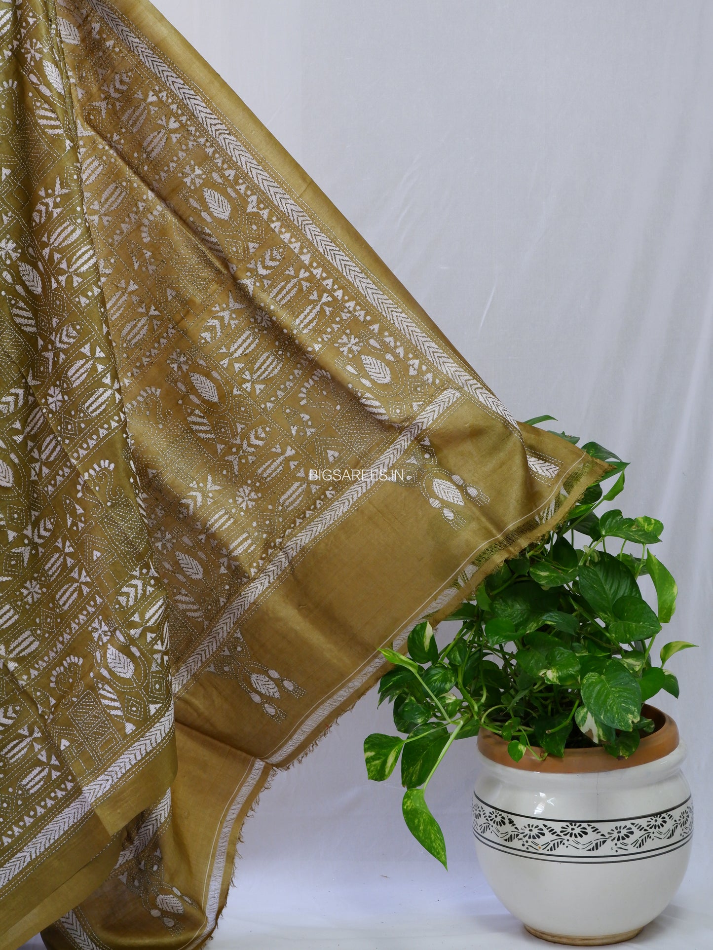 Kantha Stitch Hand Embroidered Saree | Pure Tussar Silk | Silk Mark Certified | Olive Green