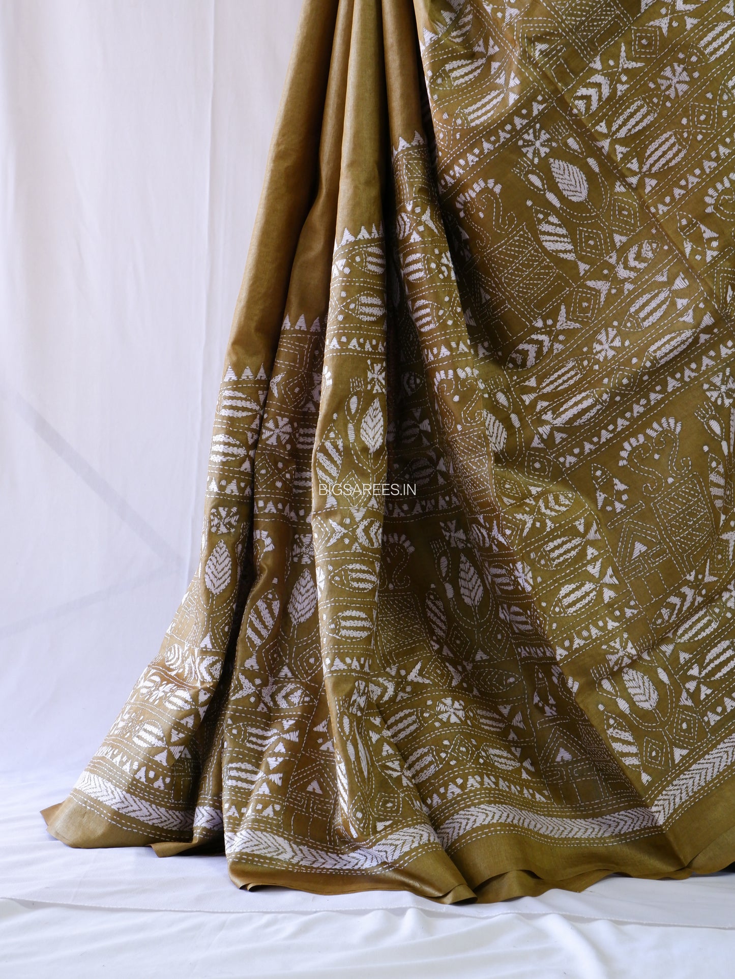 Kantha Stitch Hand Embroidered Saree | Pure Tussar Silk | Silk Mark Certified | Olive Green