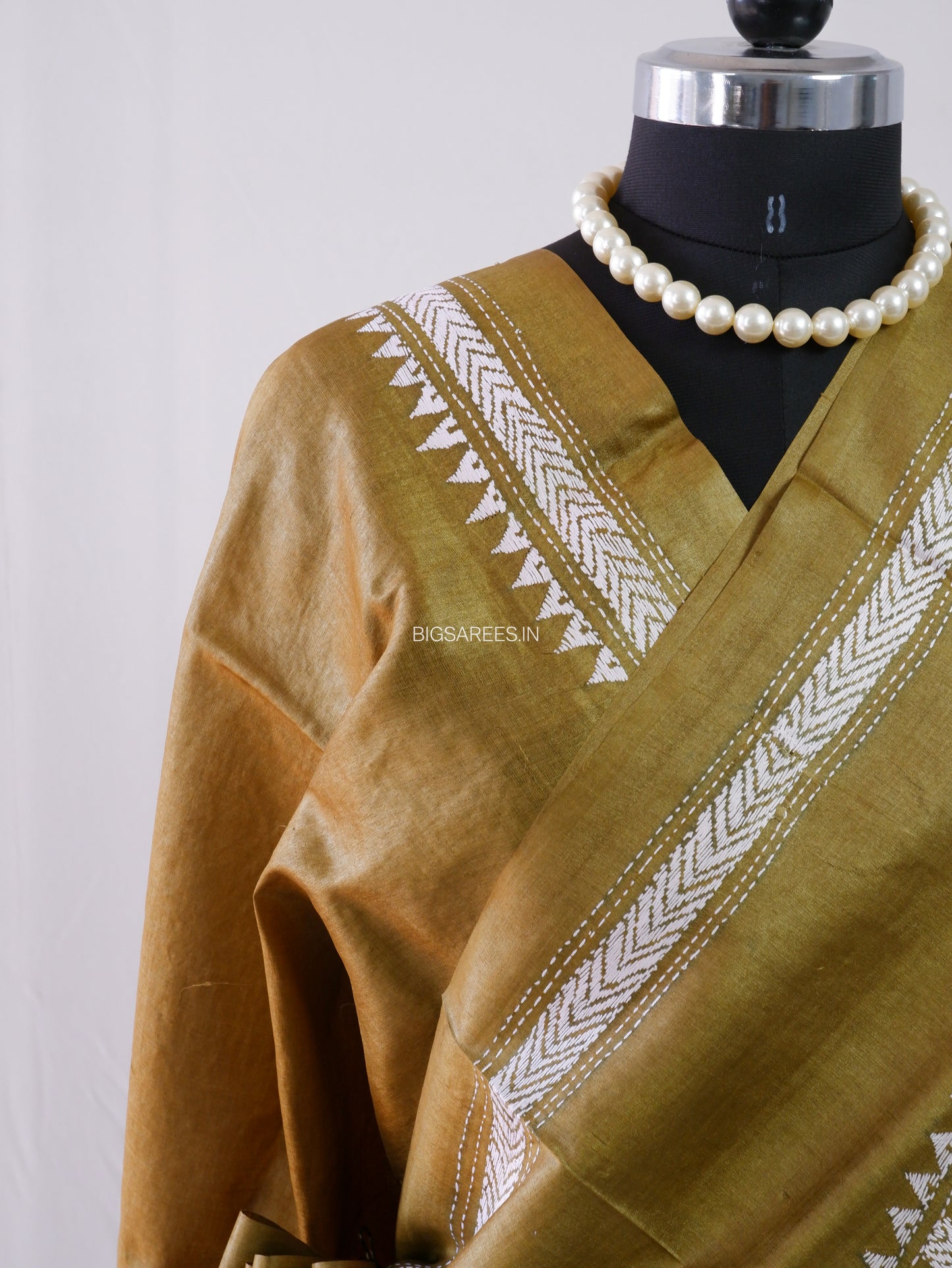 Kantha Stitch Hand Embroidered Saree | Pure Tussar Silk | Silk Mark Certified | Olive Green