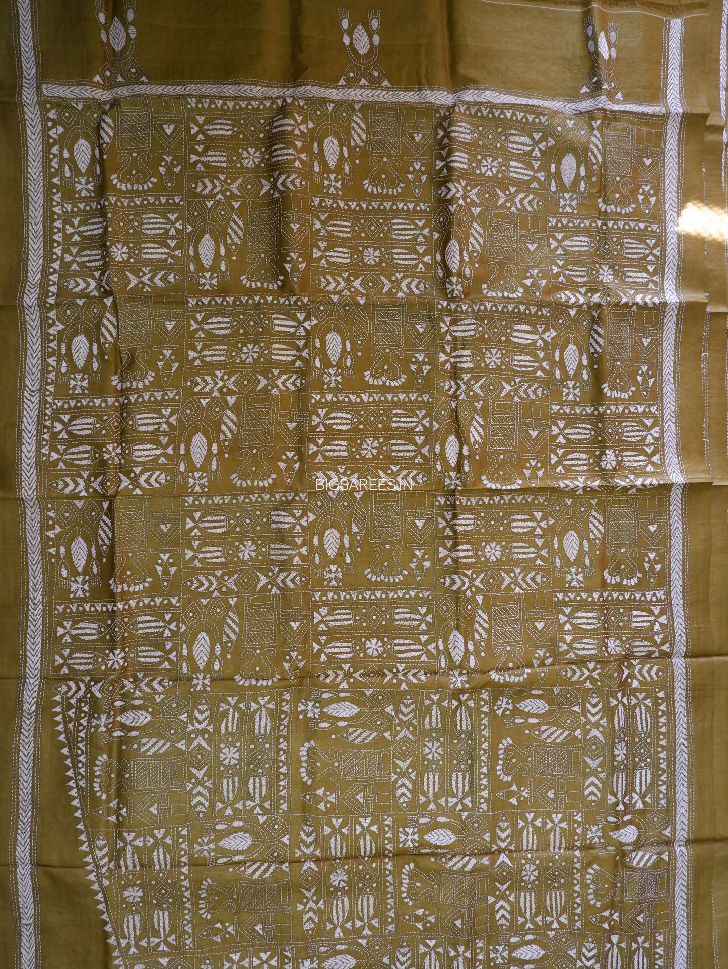 Kantha Stitch Hand Embroidered Saree | Pure Tussar Silk | Silk Mark Certified | Olive Green