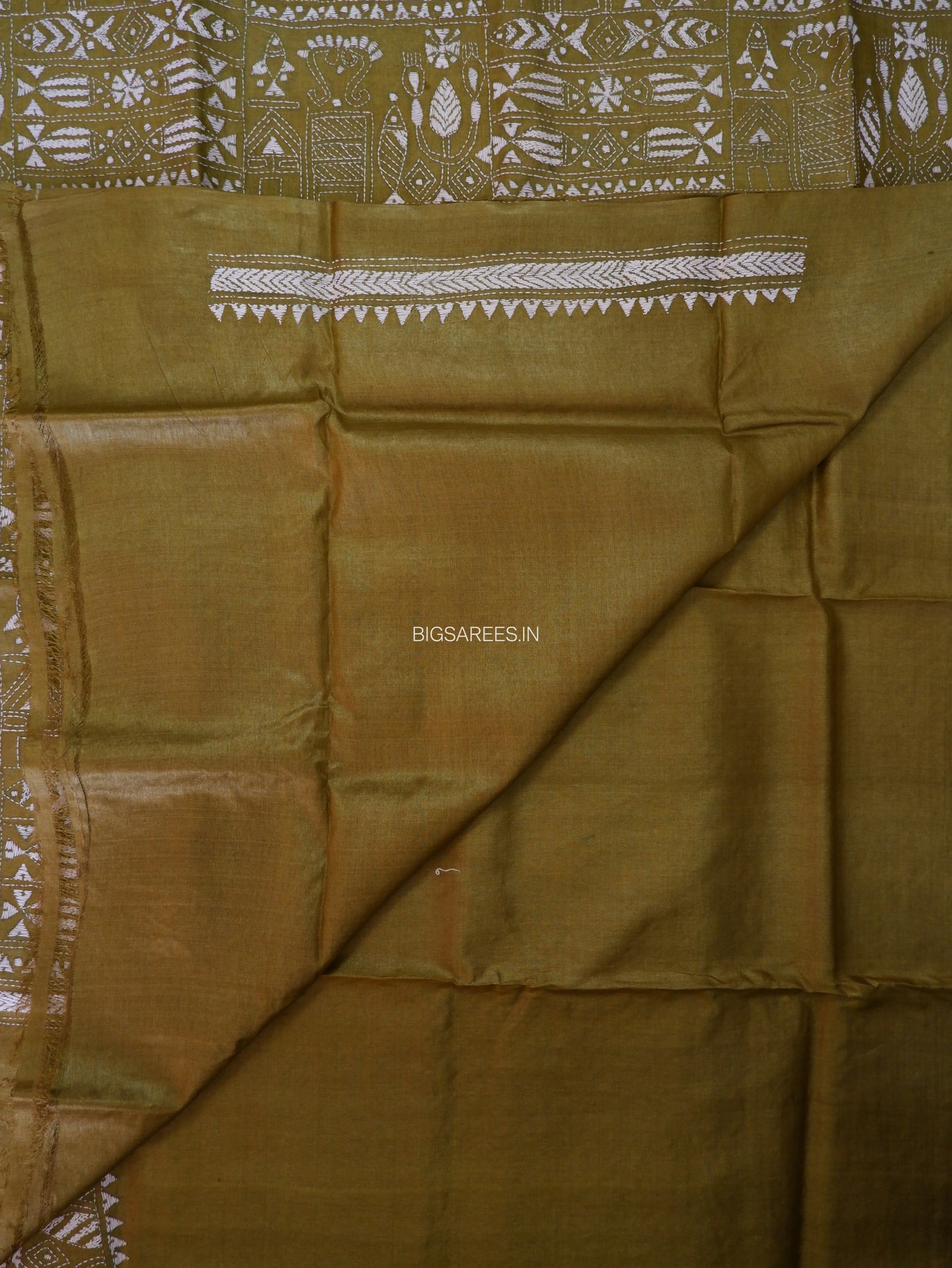 Kantha Stitch Hand Embroidered Saree | Pure Tussar Silk | Silk Mark Certified | Olive Green