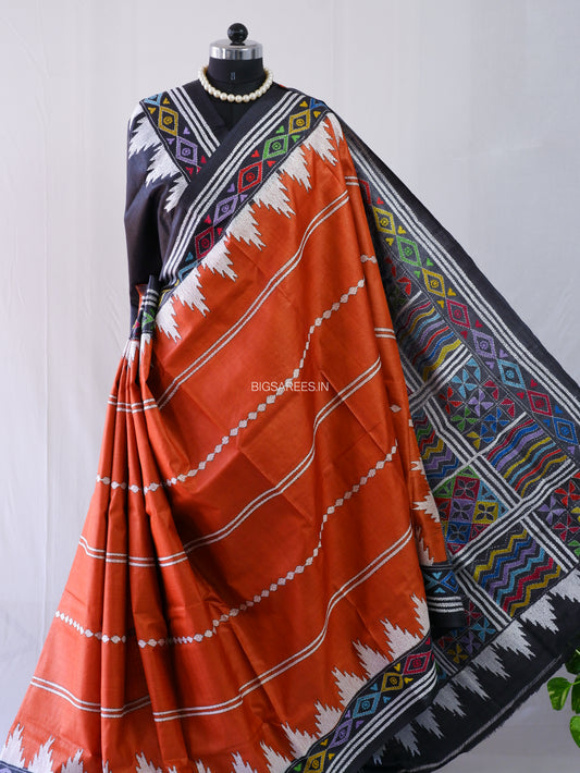 Kantha Stitch Hand Embroidered Saree | Pure Tussar Silk | Silk Mark Certified | Black/Orange