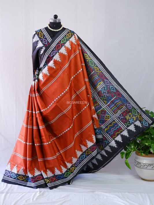 Kantha Stitch Hand Embroidered Saree | Pure Tussar Silk | Silk Mark Certified | Black/Orange