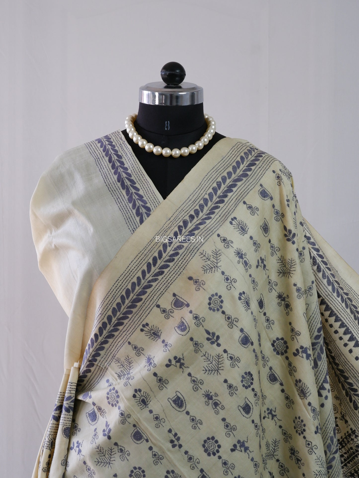 Kantha Stitch Hand Embroidered Saree | Pure Tussar Silk | Silk Mark Certified | Beige