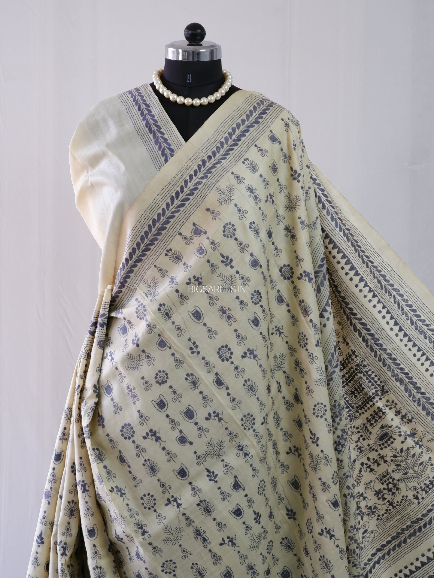Kantha Stitch Hand Embroidered Saree | Pure Tussar Silk | Silk Mark Certified | Beige