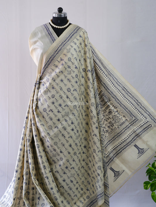 Kantha Stitch Hand Embroidered Saree | Pure Tussar Silk | Silk Mark Certified | Beige