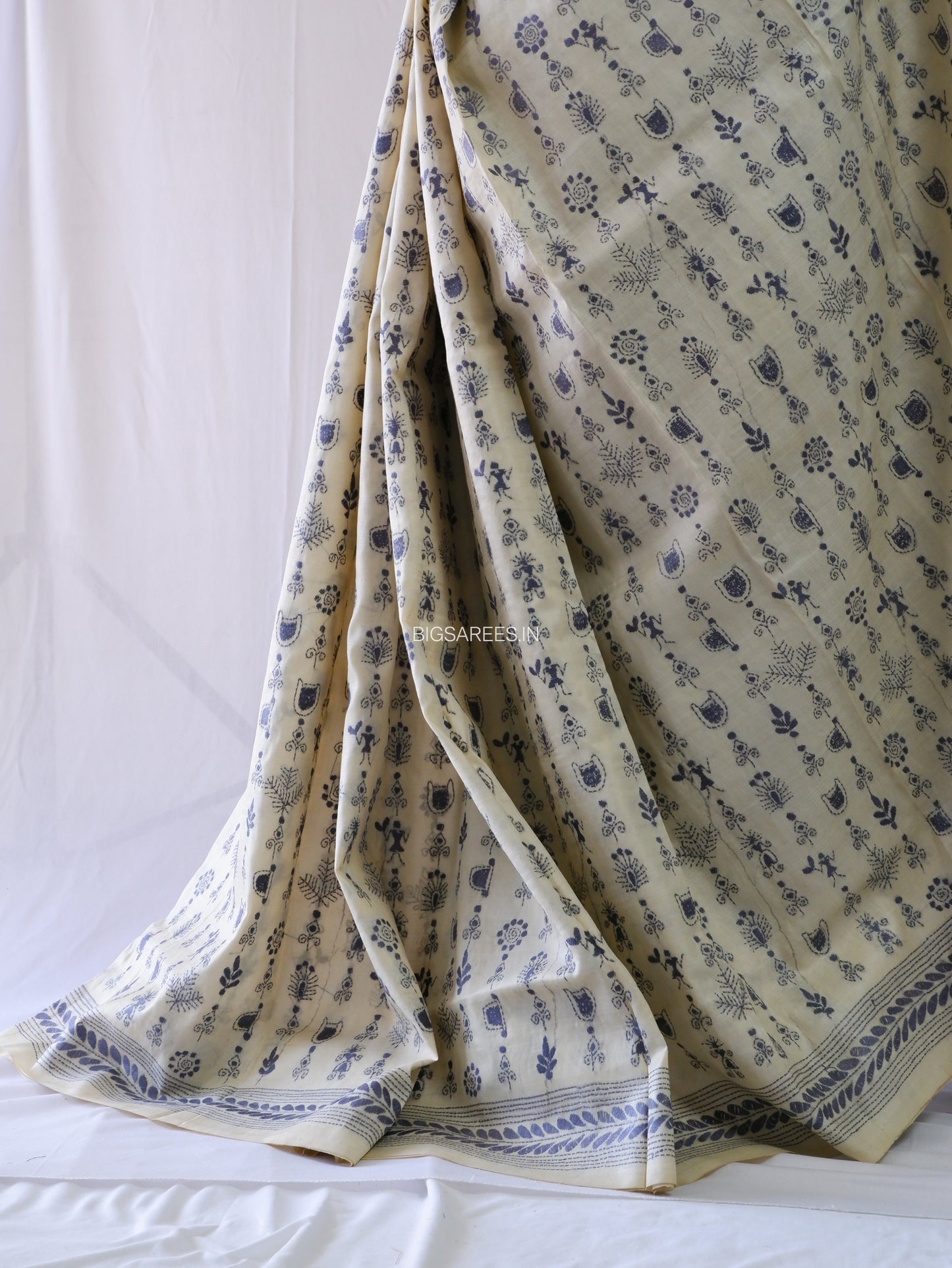 Kantha Stitch Hand Embroidered Saree | Pure Tussar Silk | Silk Mark Certified | Beige