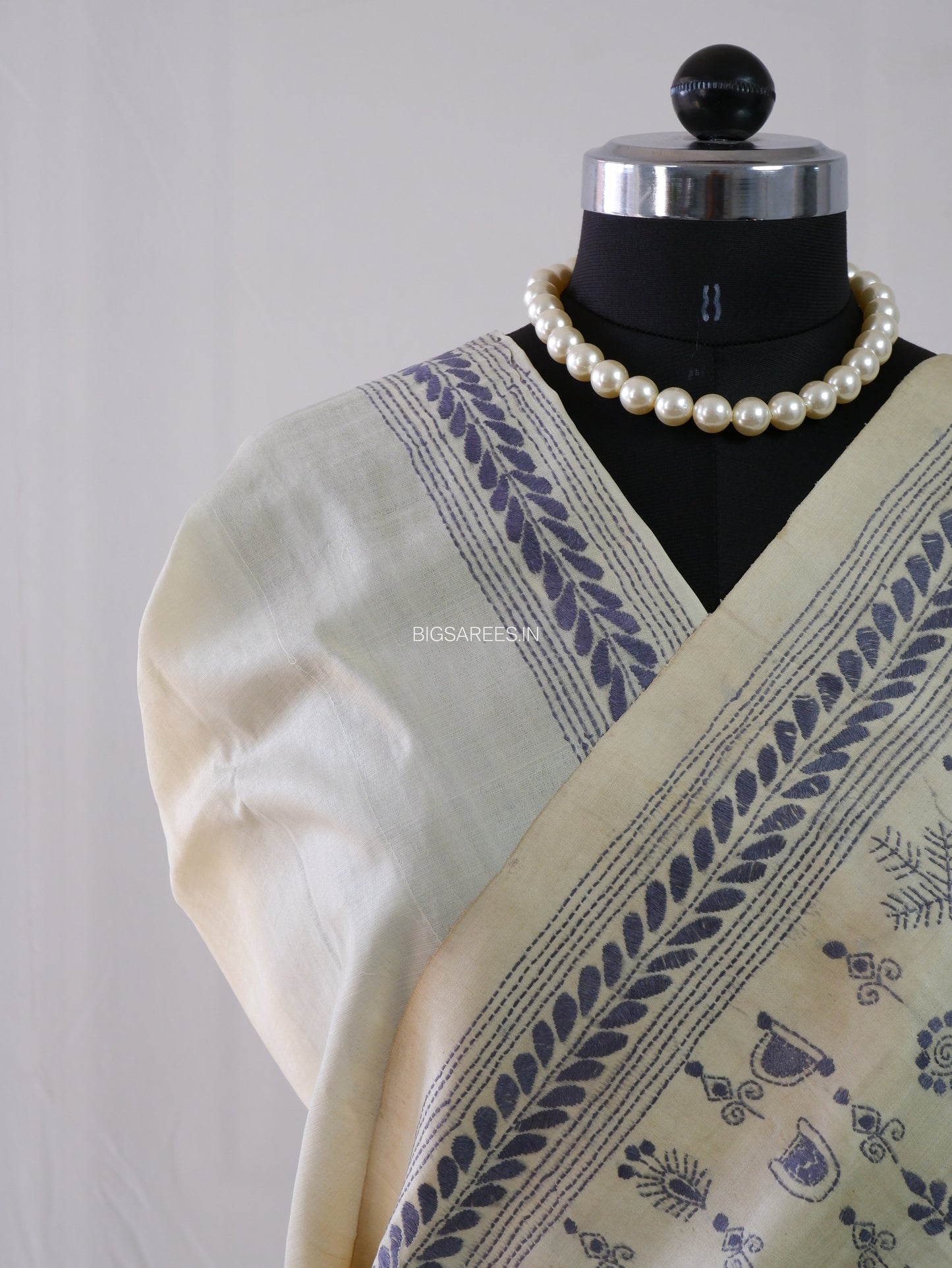 Kantha Stitch Hand Embroidered Saree | Pure Tussar Silk | Silk Mark Certified | Beige