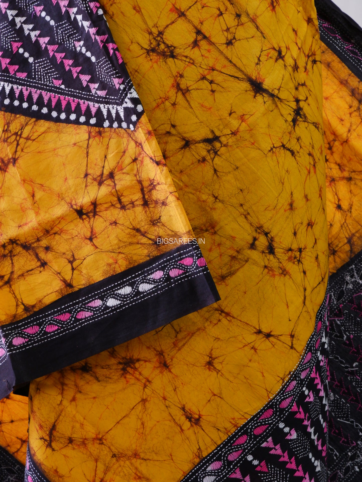 Hand Batik & Kantha Embroidered Dupatta | Cotton | Yellow/Black