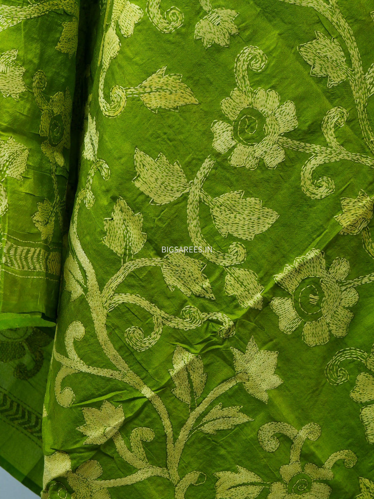 Kantha Hand-Embroidered Dupatta | Semi Tussar Silk | Green