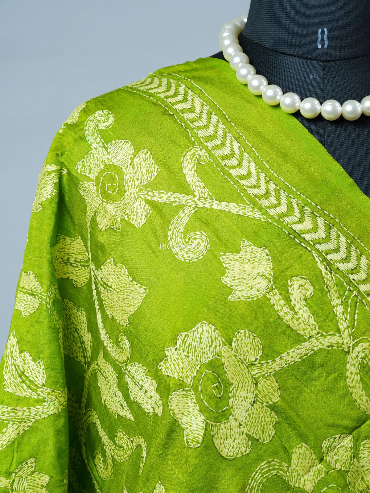 Kantha Hand-Embroidered Dupatta | Semi Tussar Silk | Green