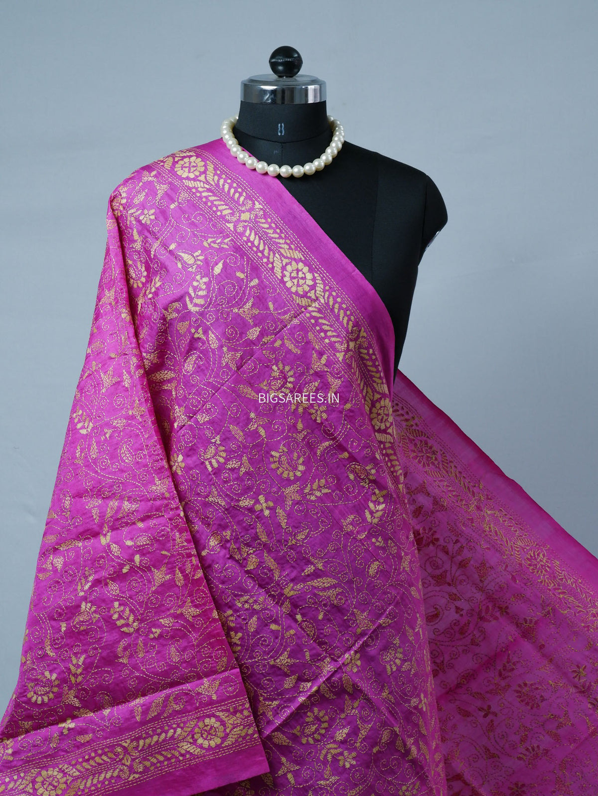 Kantha Hand-Embroidered Dupatta | Semi Tussar Silk | Pink