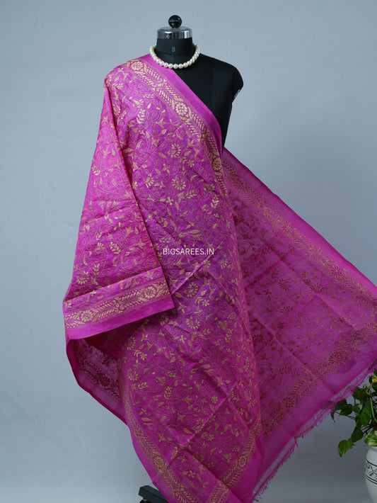Kantha Hand-Embroidered Dupatta | Semi Tussar Silk | Pink