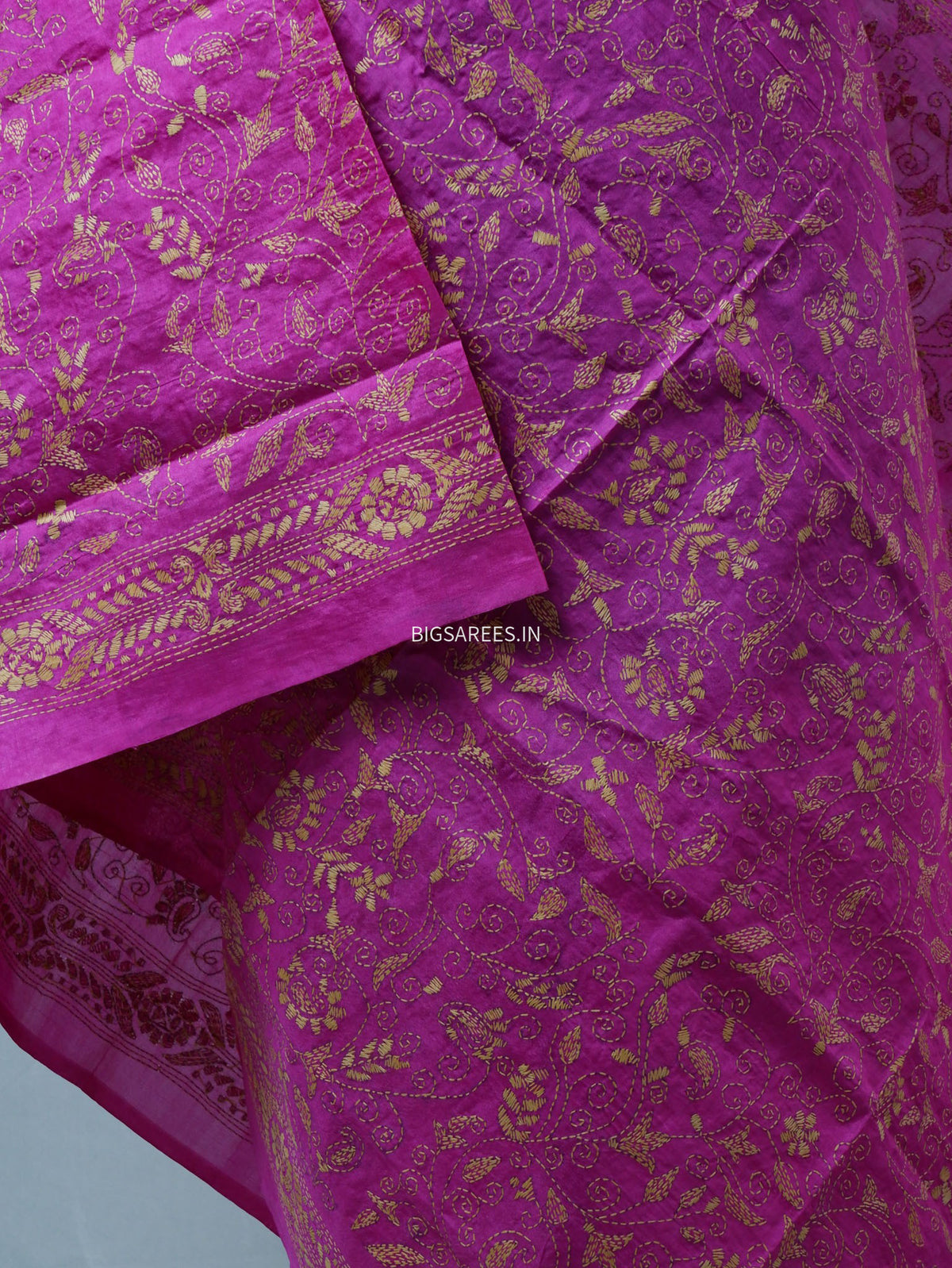 Kantha Hand-Embroidered Dupatta | Semi Tussar Silk | Pink