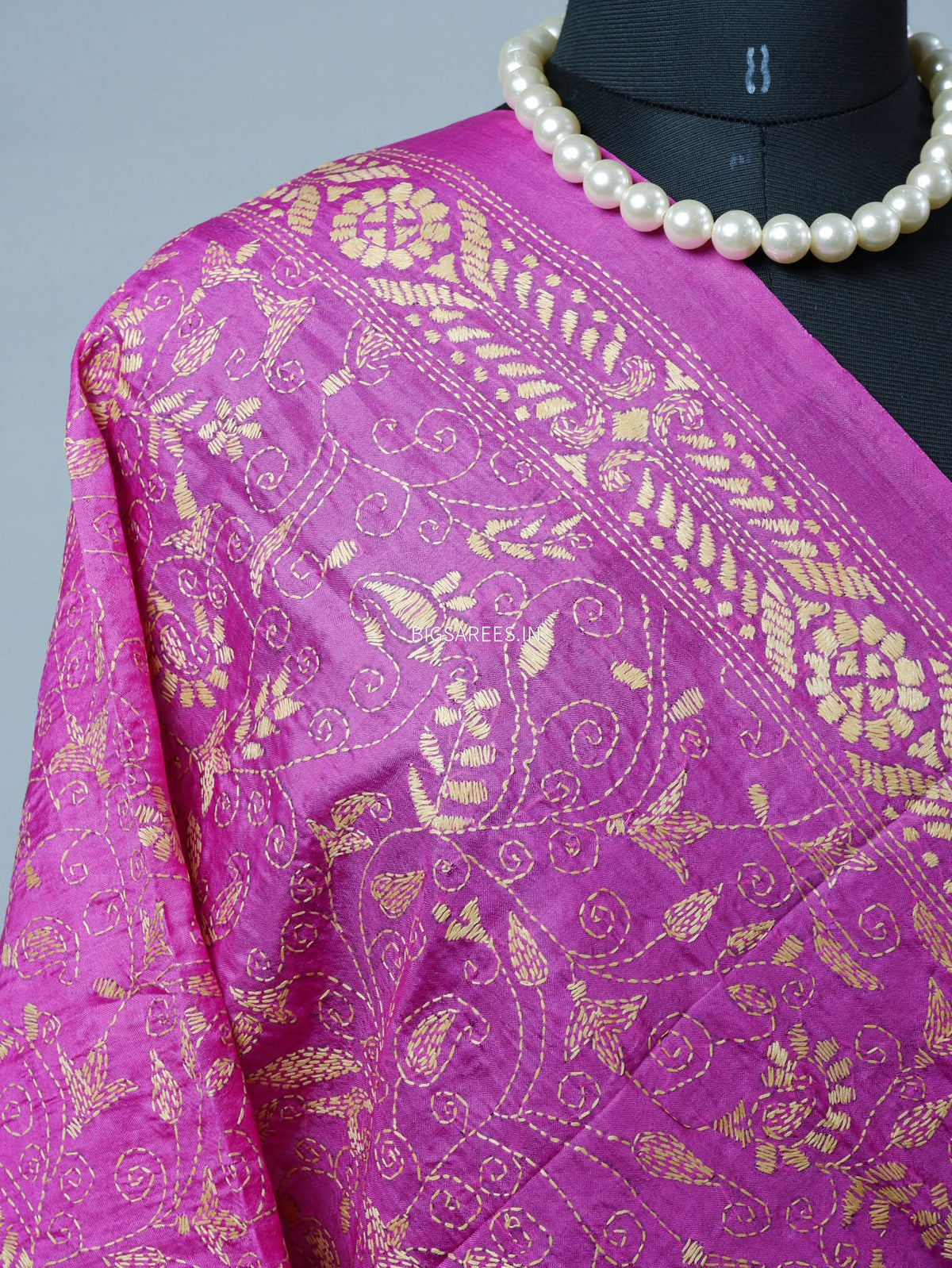 Kantha Hand-Embroidered Dupatta | Semi Tussar Silk | Pink