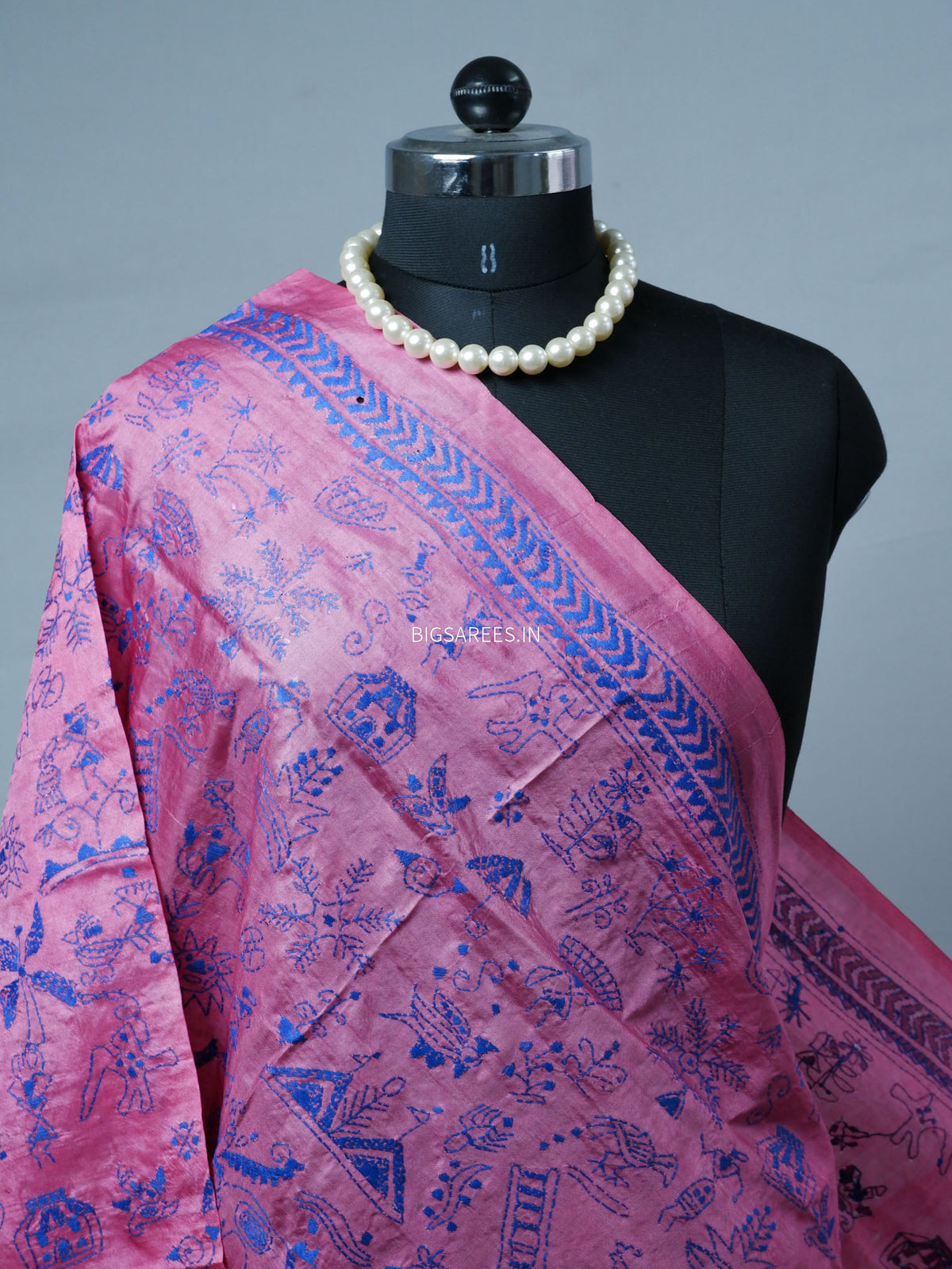 Kantha Hand-Embroidered Dupatta | Semi Tussar Silk | Pink