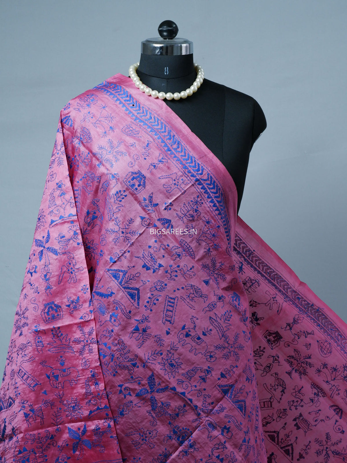 Kantha Hand-Embroidered Dupatta | Semi Tussar Silk | Pink