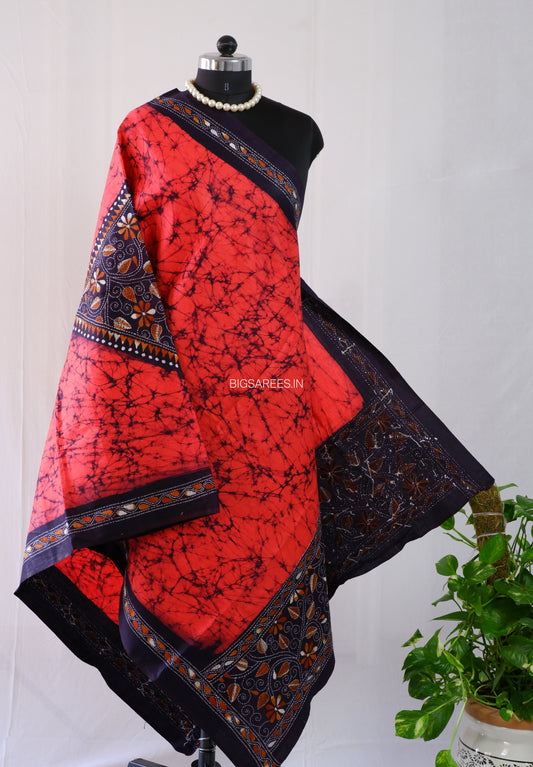 Hand Batik & Kantha Embroidered Dupatta | Cotton | Red/black