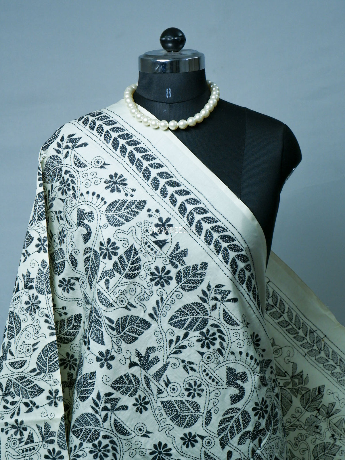 Kantha Hand-Embroidered Dupatta | Semi Tussar Silk | White