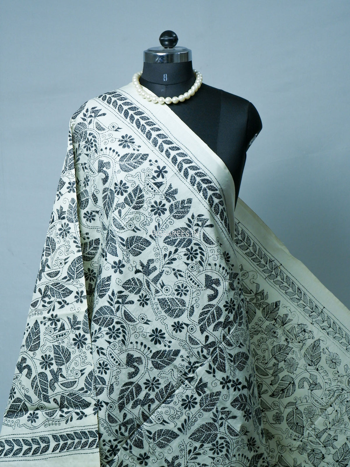 Kantha Hand-Embroidered Dupatta | Semi Tussar Silk | White