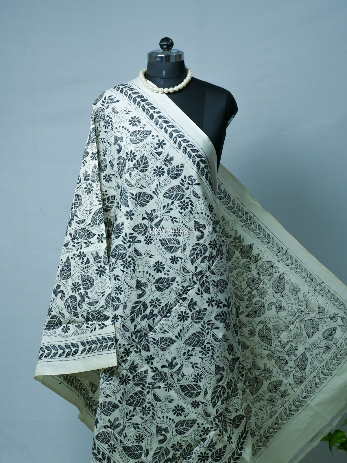 Kantha Hand-Embroidered Dupatta | Semi Tussar Silk | White