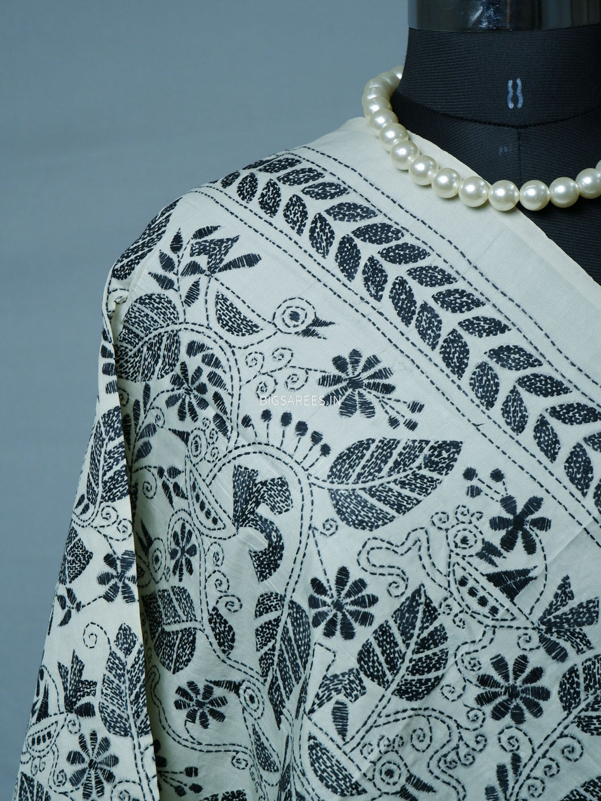 Kantha Hand-Embroidered Dupatta | Semi Tussar Silk | White