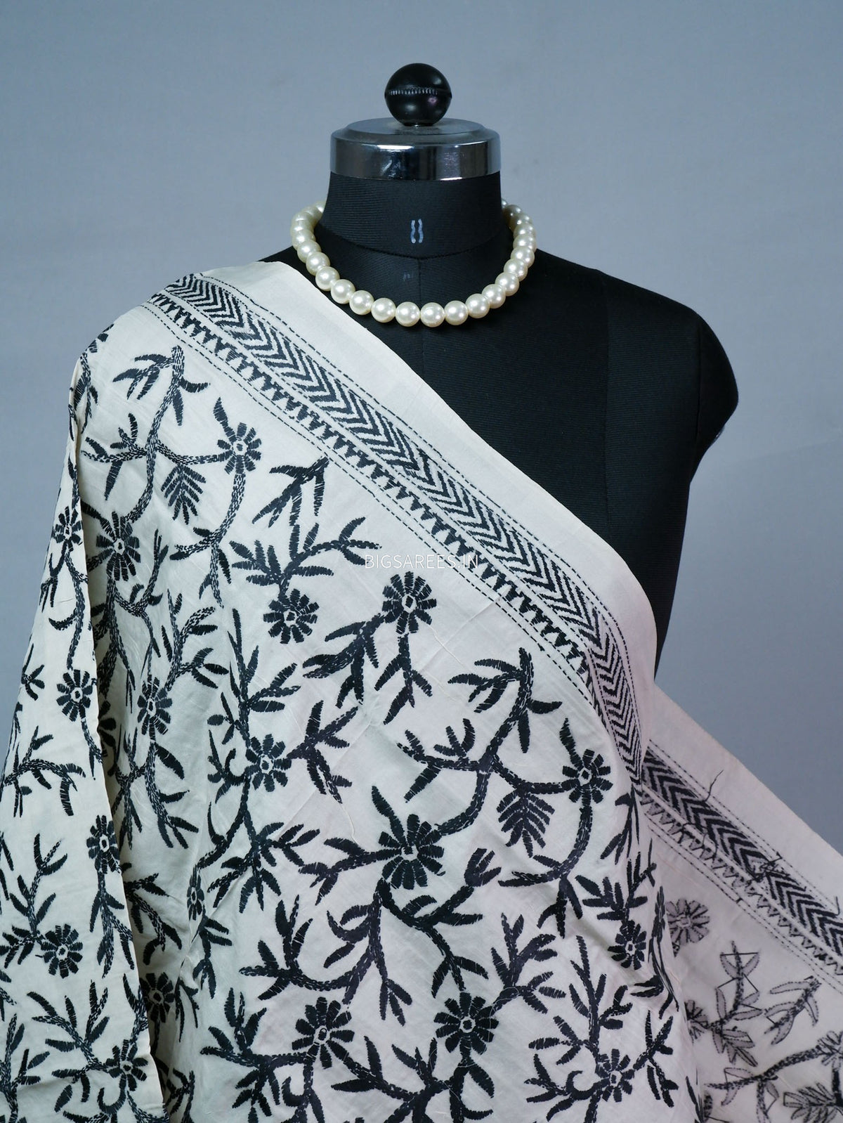 Kantha Hand-Embroidered Dupatta | Semi Tussar Silk | White