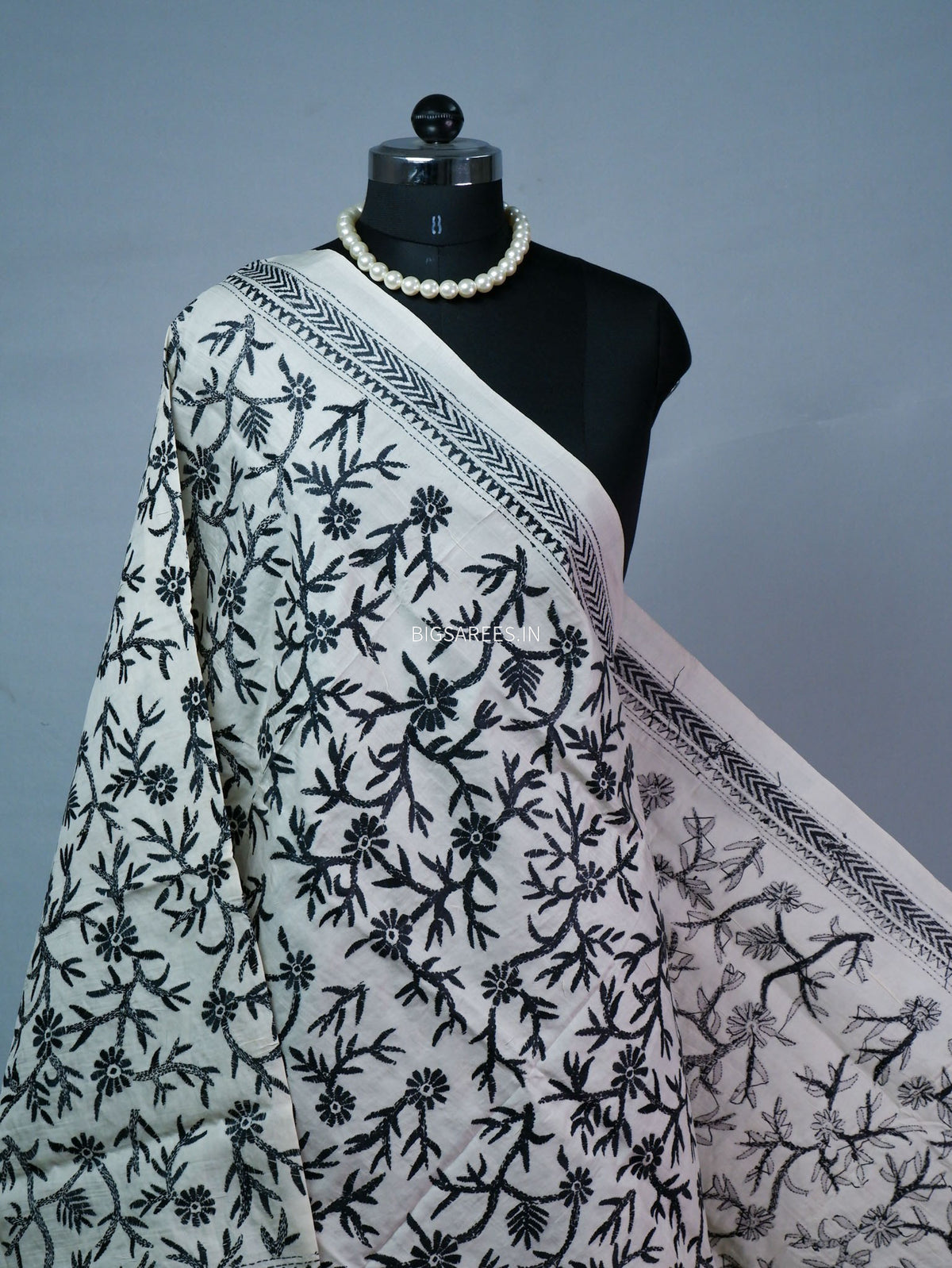 Kantha Hand-Embroidered Dupatta | Semi Tussar Silk | White