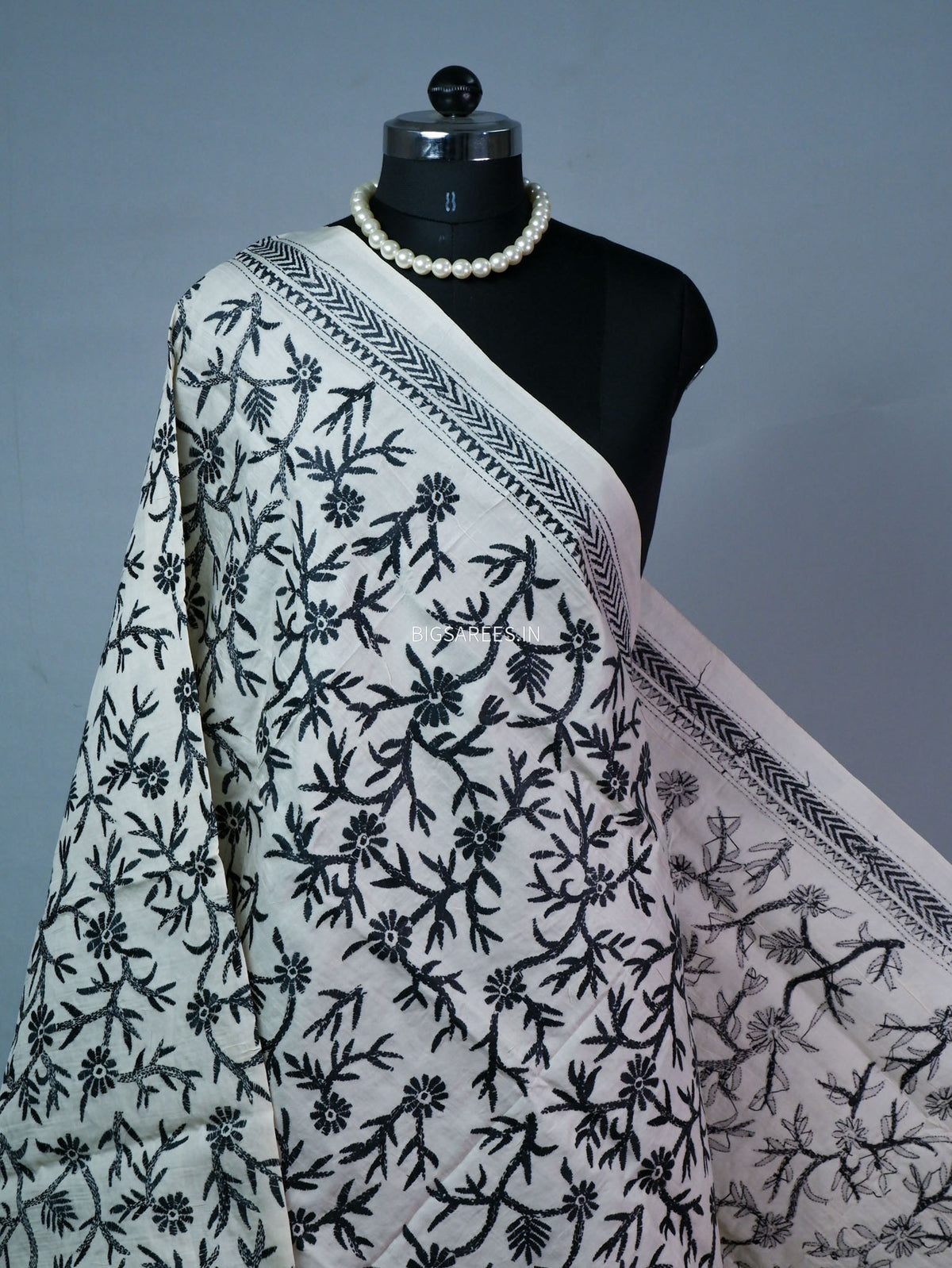 Kantha Hand-Embroidered Dupatta | Semi Tussar Silk | White