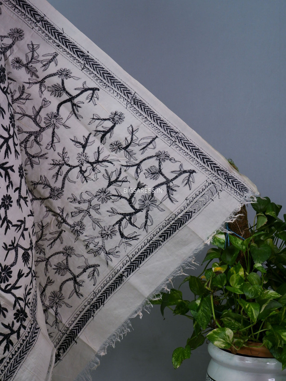 Kantha Hand-Embroidered Dupatta | Semi Tussar Silk | White